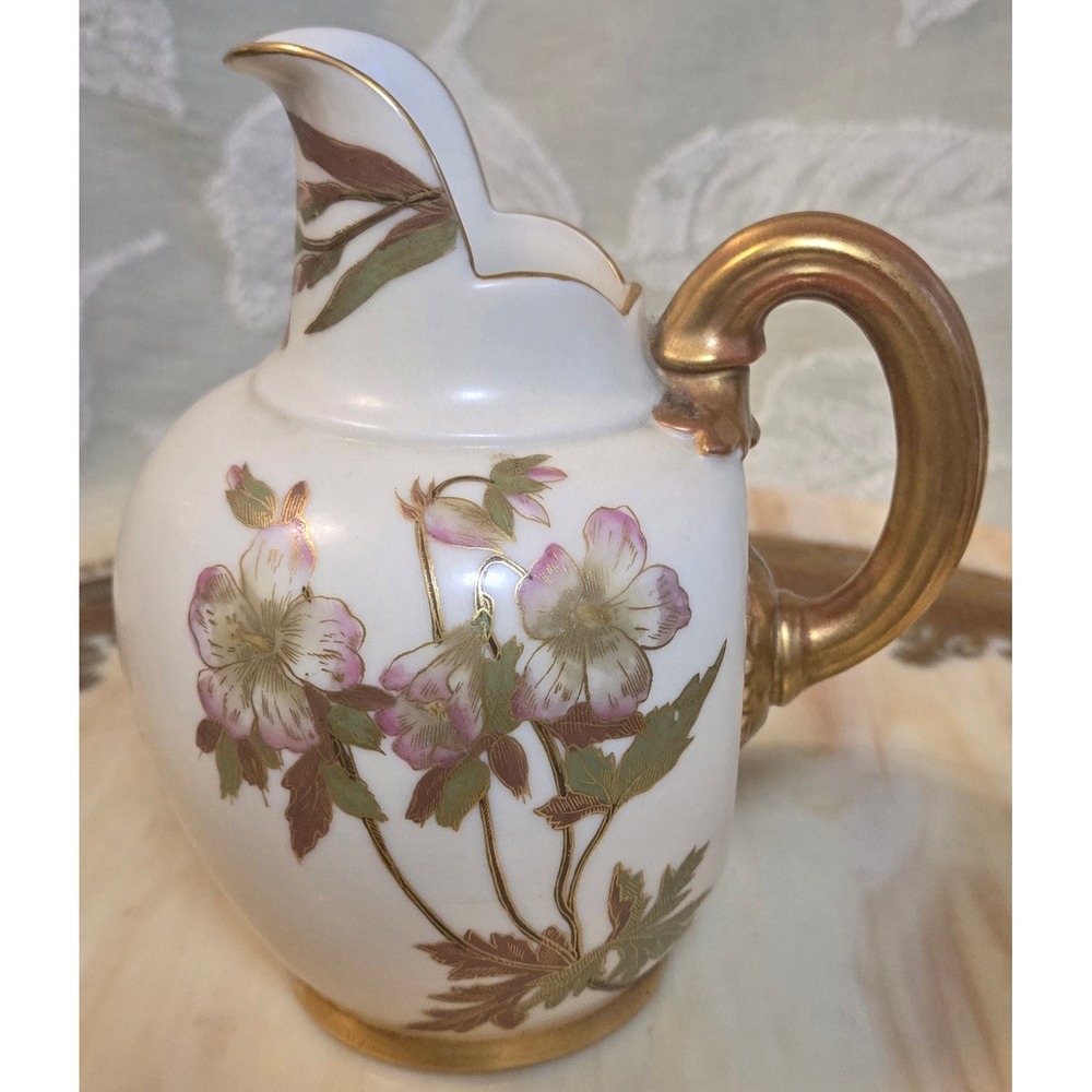 Royal Worcester Antique Floral Porcelain Pitcher Gold Gilt 1094 Dated 1891 5.5in